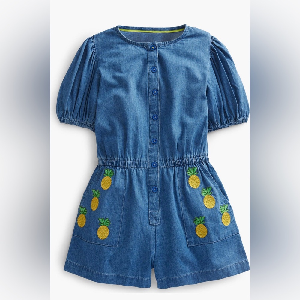 Boden Kids Blue Denim Kids Romper with Pineapple Embroidery